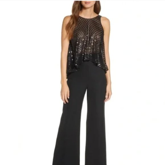 TADASHI SHOJI by SHO BLACK SEQUIN MESH OVERLaY JUMPSUIT sz 8 - Picture 3 of 6
